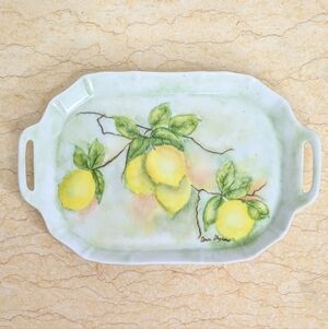 Vintage Hand Painted Small Lemon White Signed Porcelain Handled Trinket Tray